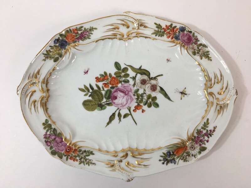 Chelsea gold anchor oval dish, colourful flowers, c.1760-0