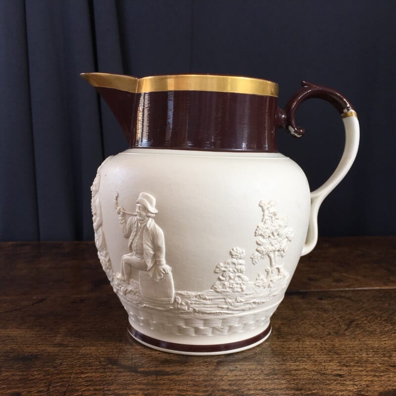 Davenport smearglaze white pottery jug with tavern scene, c.1820-0
