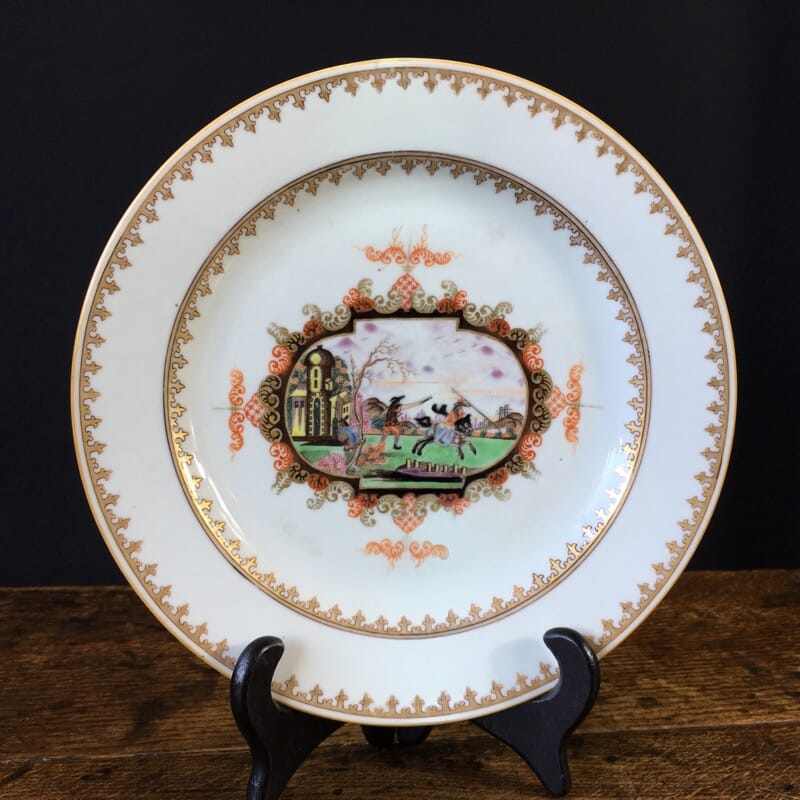 Chinese export plate with Meissen style cartouche landscape, c.1730-0