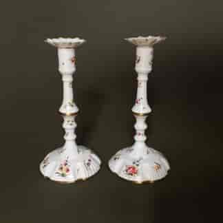 Pair of English enamel candlesticks, panels of flowers, c. 1770 -0
