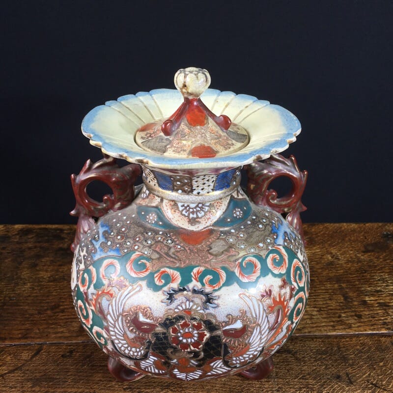 Satsuma vase with ornate handles & stamen lid, c. 1890 -23801