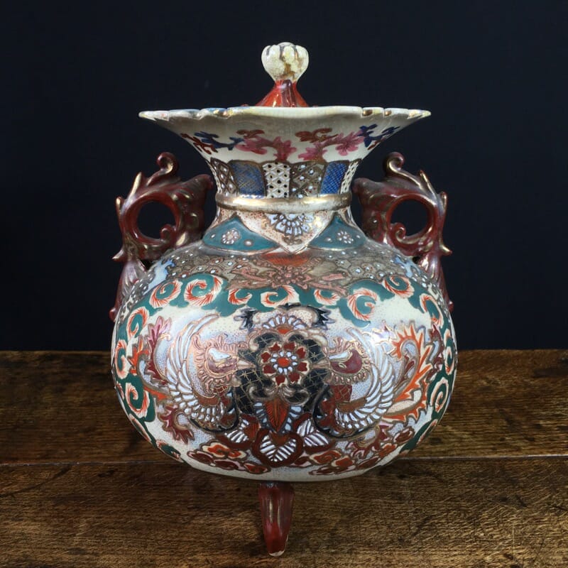 Satsuma vase with ornate handles & stamen lid, c. 1890 -0