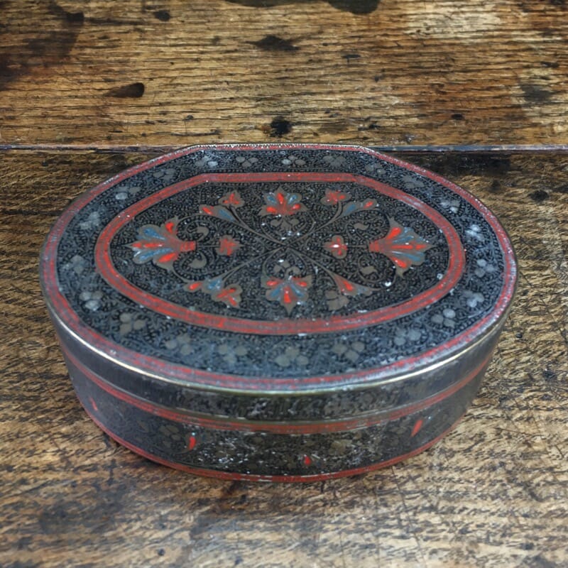 Indian brass oval box, fine incised & enamelled flowers, c. 1900-0