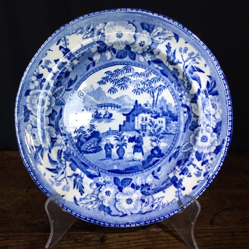 English pearlware blue & white 'Chinese Gardener' plate, c.1825-0