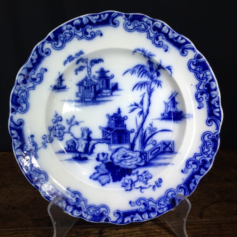 Hackwood pottery plate, blue & white Oriental landscapes, c.1827-43-0