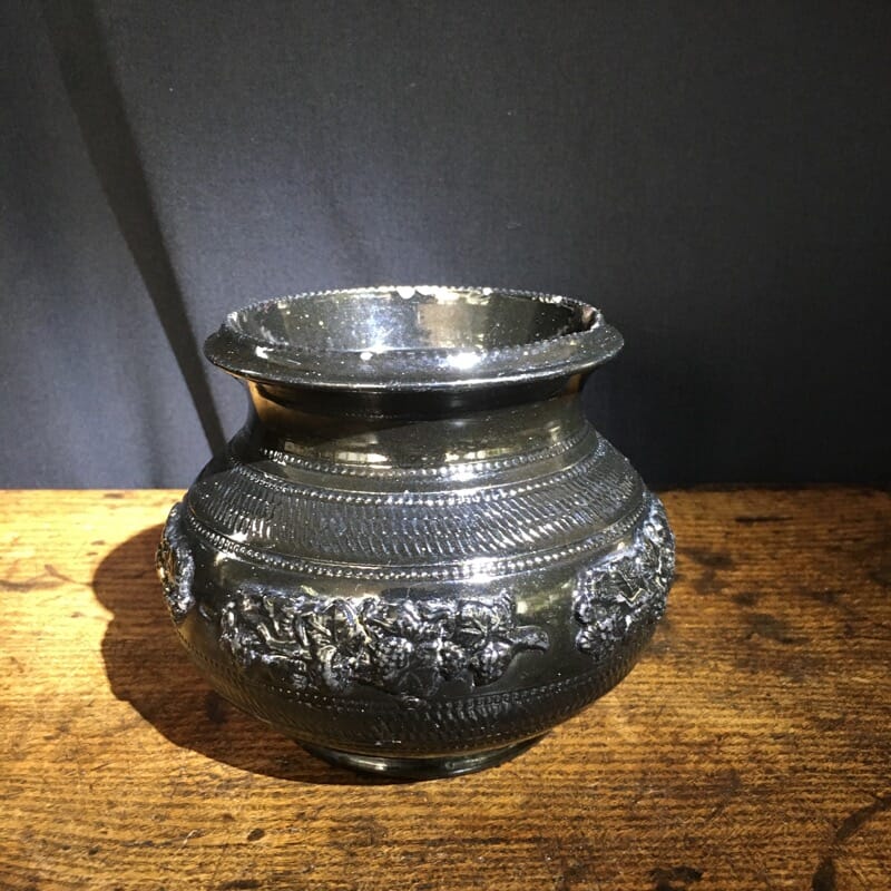 Pottery Egyptian black sugar bowl, fruiting vine moulding, c.1865-0