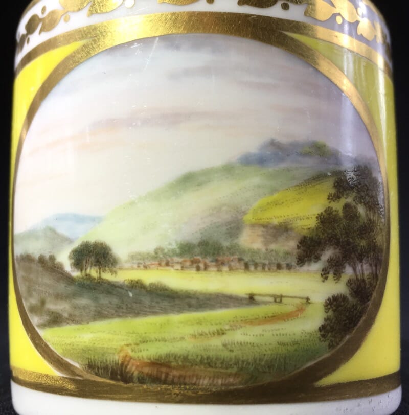 Derby yellow ground coffee can, pat. 531 Landscape by 'Jockey' Hill, c. 1795-0