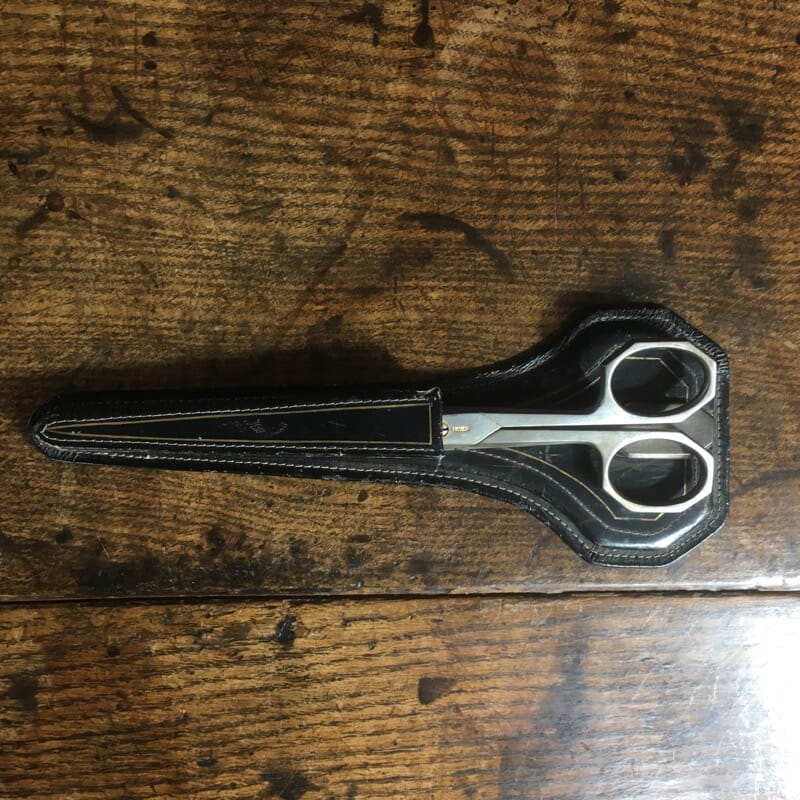Steel scissors and letter opener, leather case, c.1900 -0