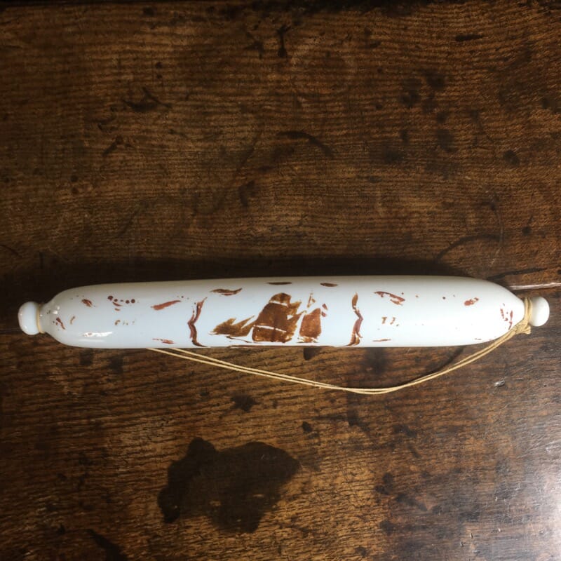 Victorian milk glass rolling pin, worn decoration of a ship, c.1860-24365