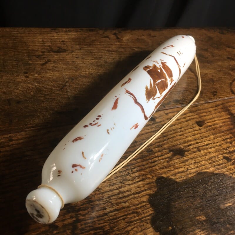 Victorian milk glass rolling pin, worn decoration of a ship, c.1860-0