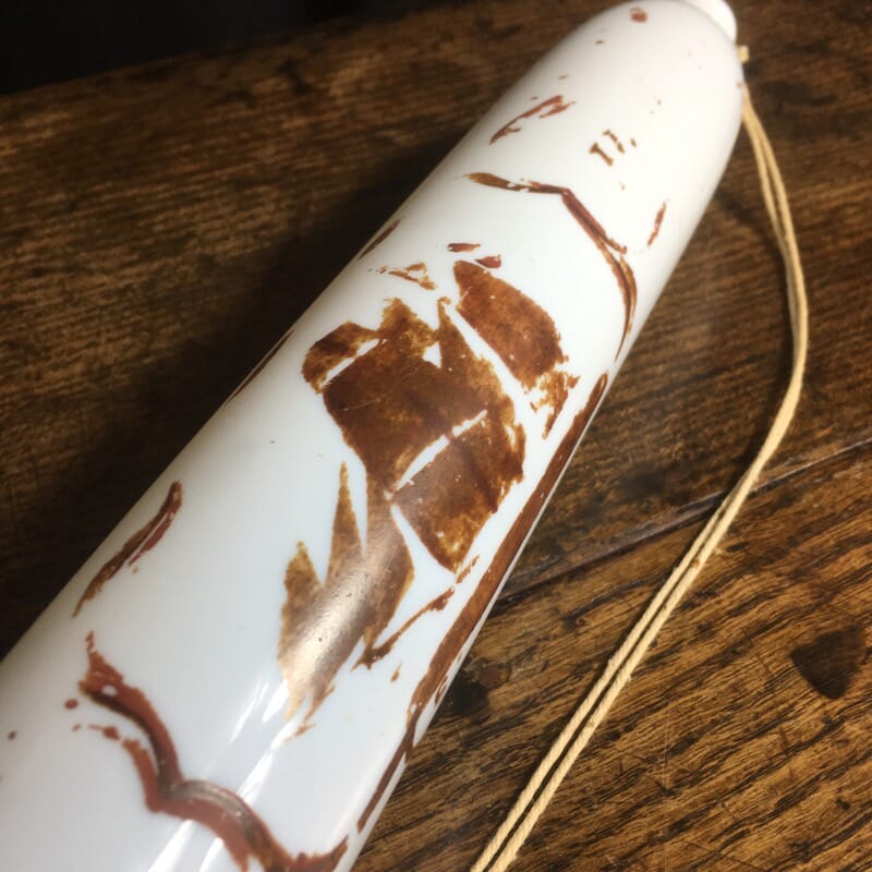 Victorian milk glass rolling pin, worn decoration of a ship, c.1860-24366