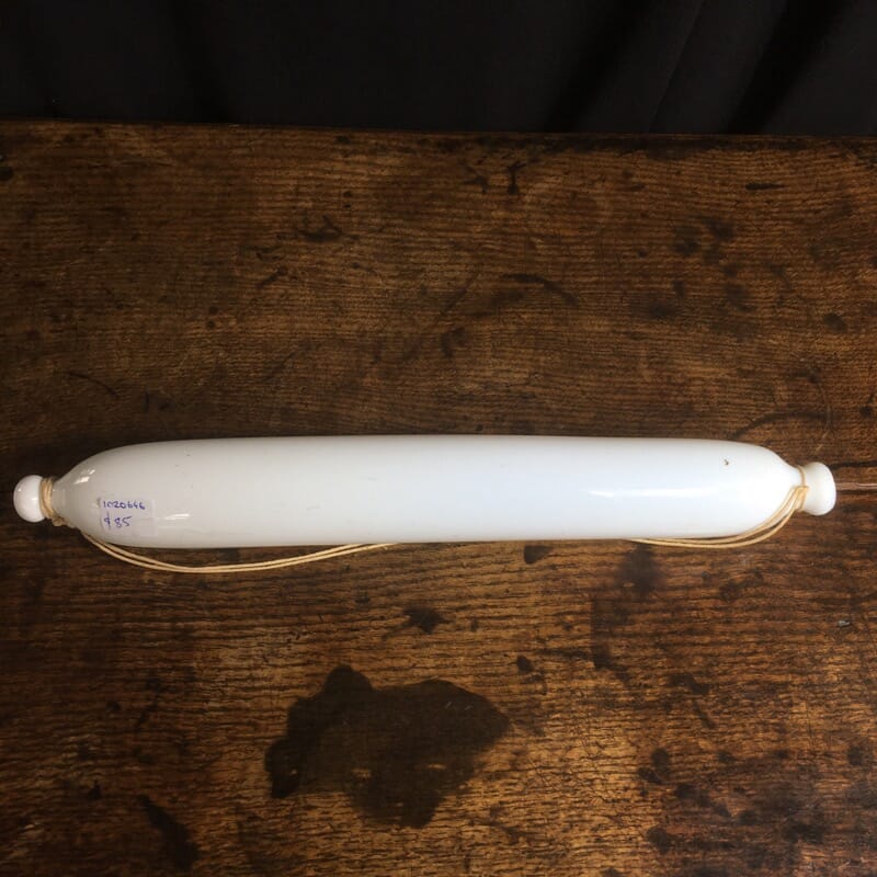 Victorian milk glass rolling pin, worn decoration of a ship, c.1860-24367