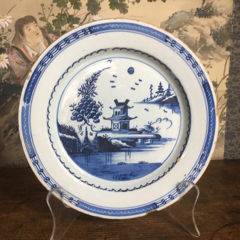 London delft plate, Chinese Pagoda, c. 1770-0