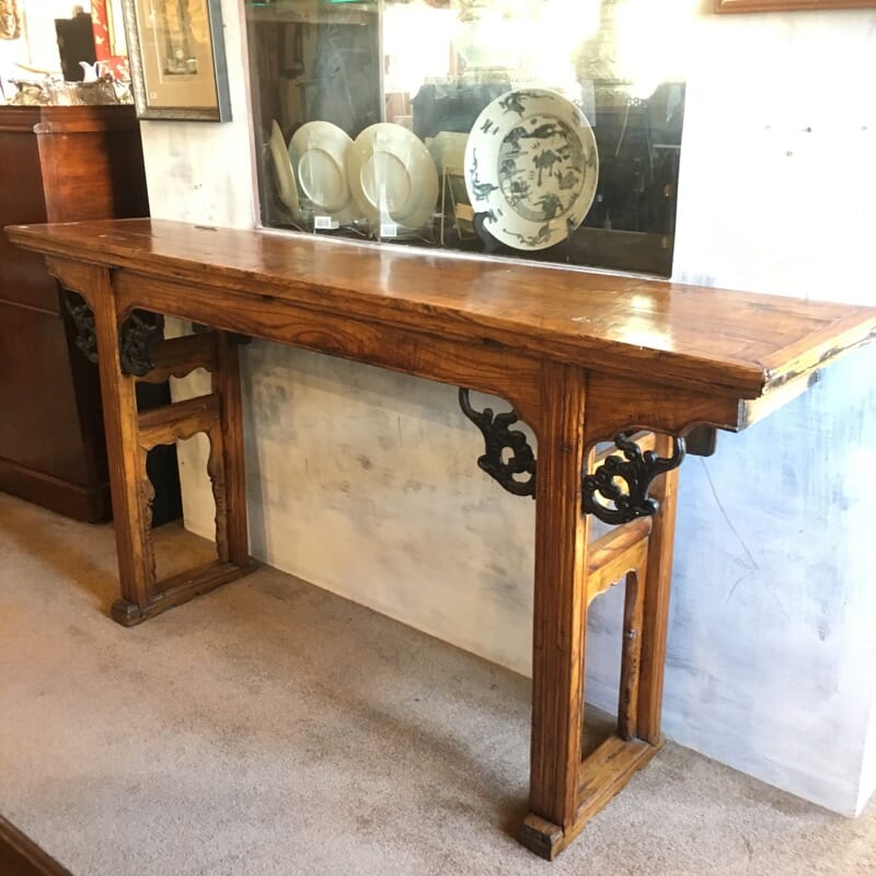 Chinese elm altar table with ebonised brackets, 19th century -0