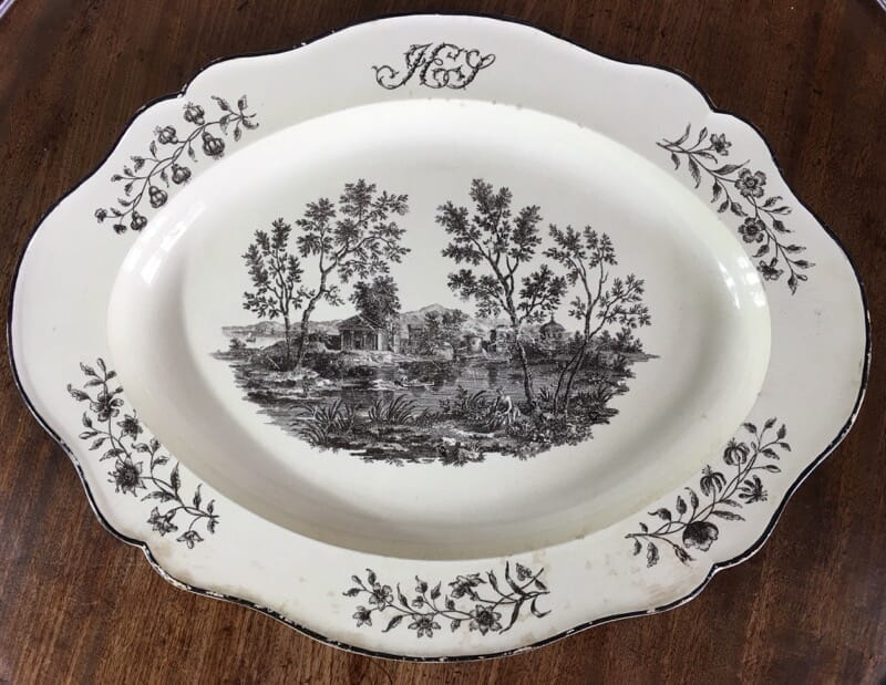 Large Wedgwood creamware charger, ruins in a landscape print, c. 1780 -0