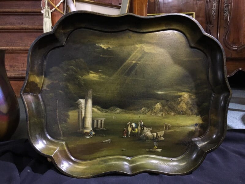 Superb quality paper mache tray with ruins, c.1825 -0