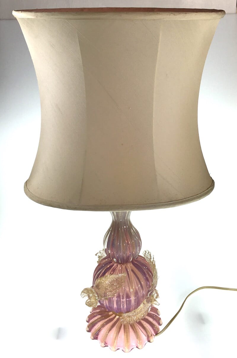 Murano glass lamp in pink with gold specks and applied flowers, mid 20th century-0