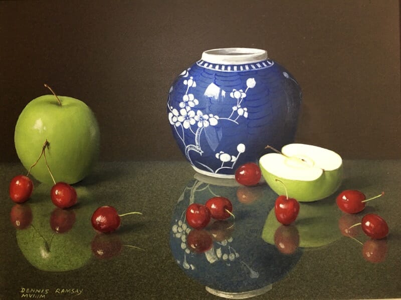 Dennis Ramsay, Oil Tempera, Still Life with Chinese Jar, Cherries & Apples, 1992-0