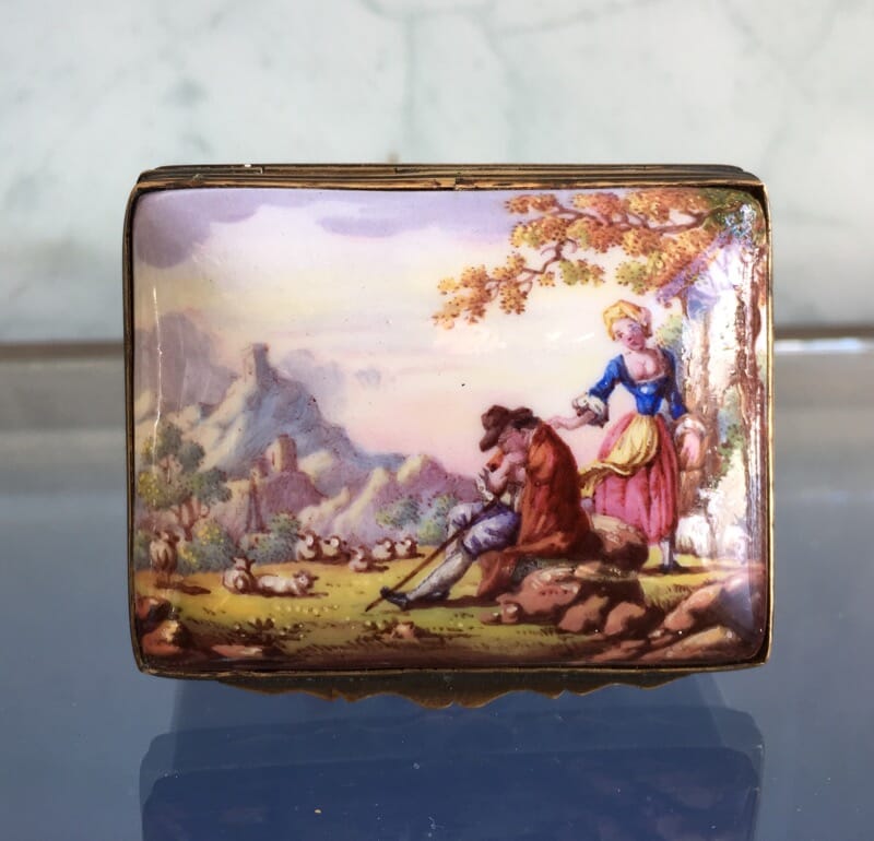 English Enamel box with Shepherd & Shepherdess painted panel, c. 1760-0
