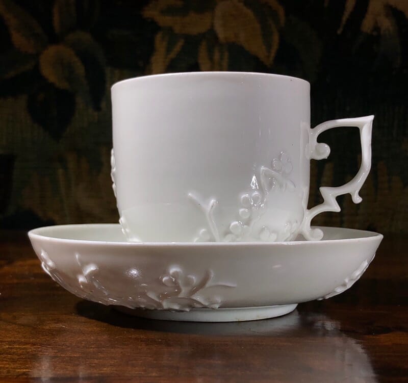 Meissen blanc-de-chine prunus sprig cup & saucer, c. 1740-0