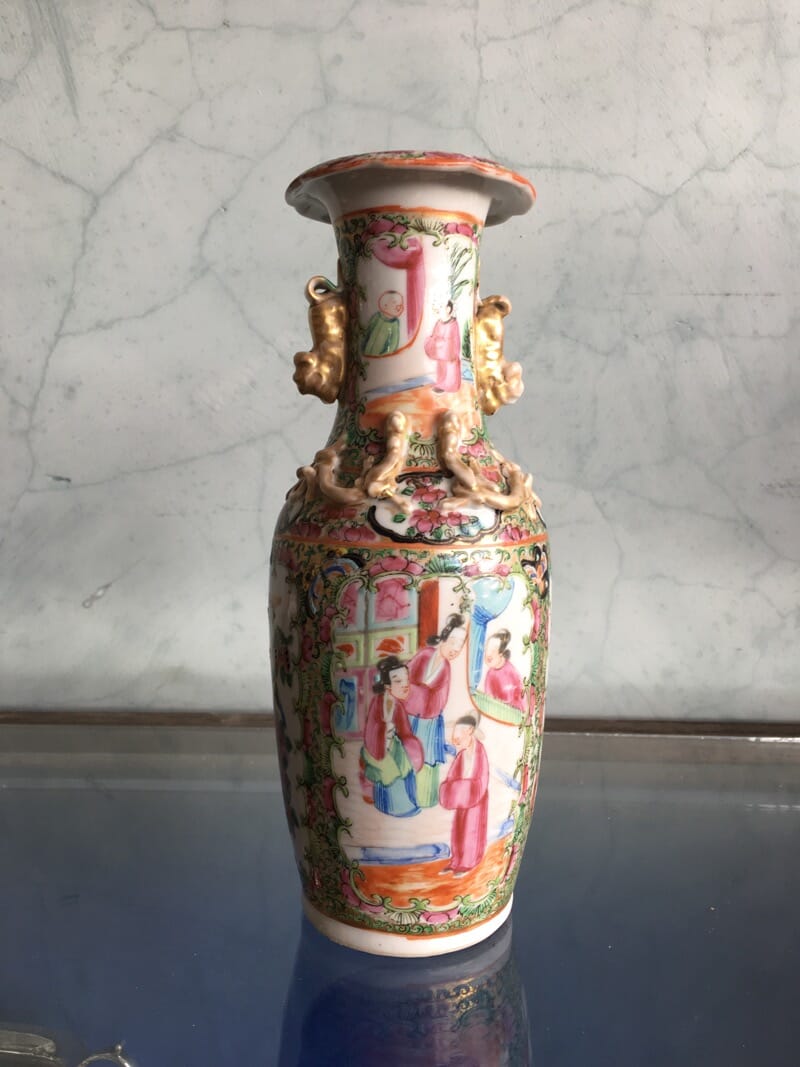 Chinese Cantonese vase with scenes & applied salamanders, C. 1860-0
