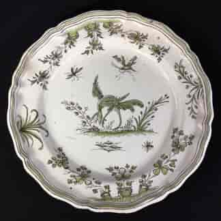 French Faience plate, Chinoiserie bird & bugs, Moustiers, c.1750-0