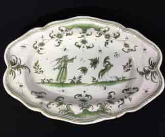 French Faience plate, Chinoiserie bird & man, Moustiers/Marsailles, c.1750-0