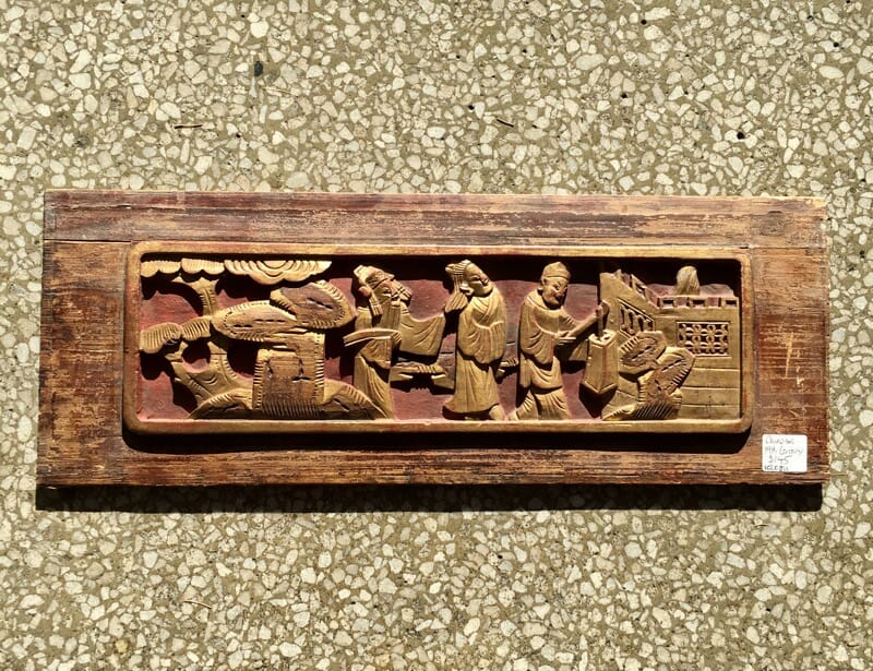 Carved Chinese wooden panel, four figures gilt hightlights 19th c.-0