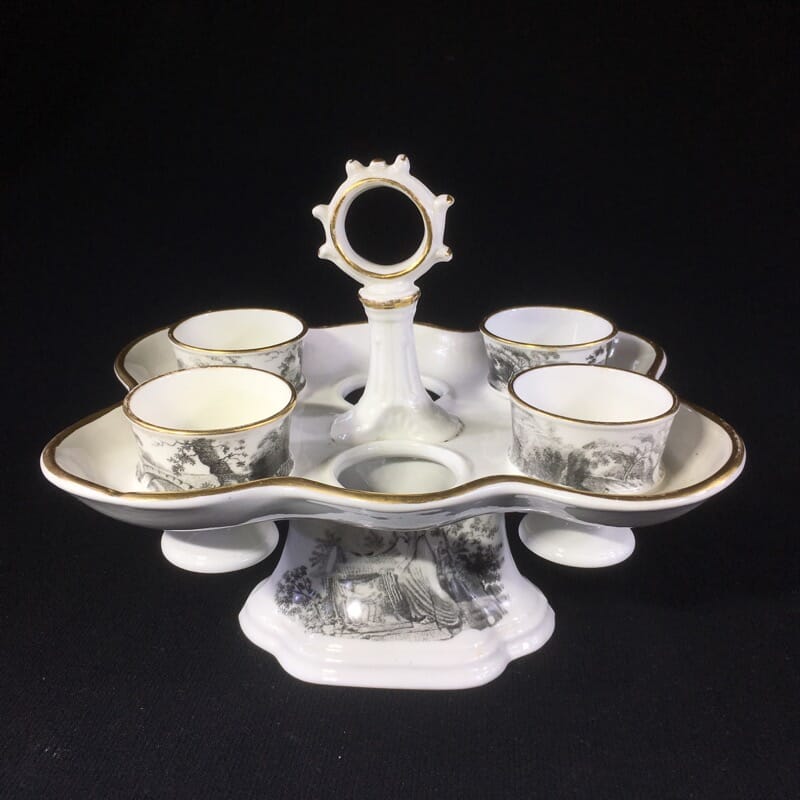 English porcelain egg stand & cups, bat printed with Regency prints, c. 1825 -0
