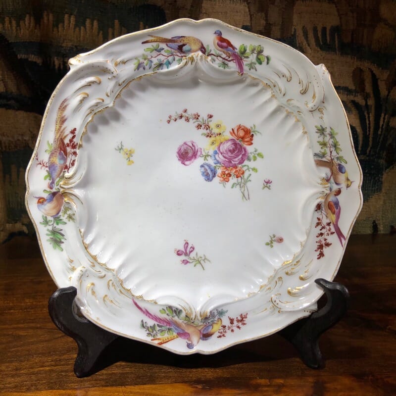 Chelsea plate, Rococo moulding with birds & flowers, Gold Anchor circa 1760-0