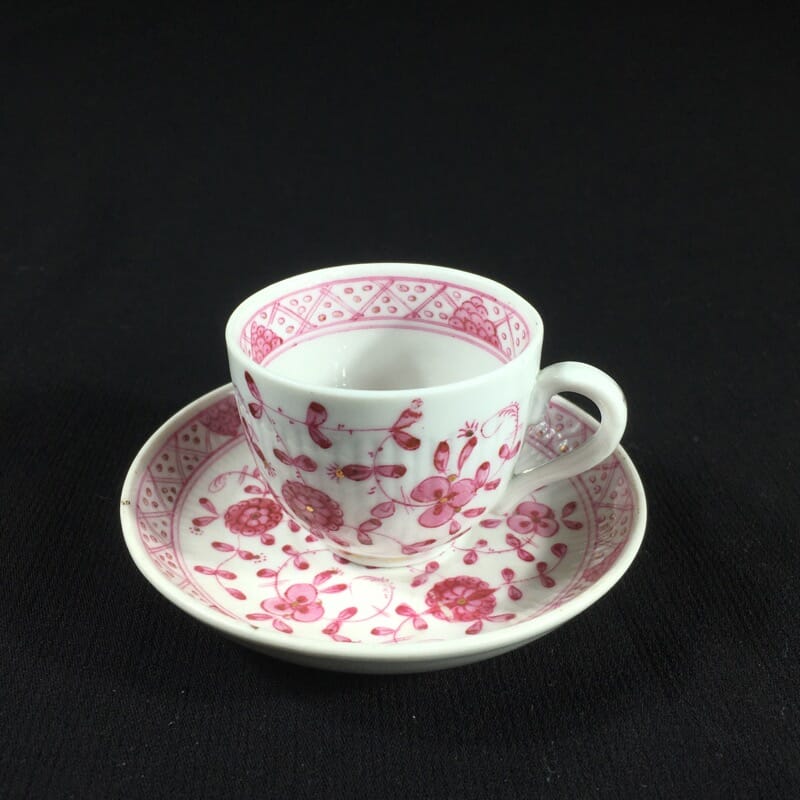 Miniature porcelain cup and saucer, puce Immortelle pattern, Rauenstein, c.1890-0