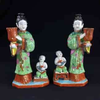 Pair of Rare Chinese candlestick figures, Ladies Children & Birds, c. 1780,-0