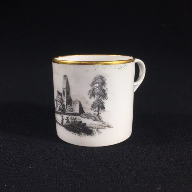 English porcelain coffee can, scenic bat print, poss. Machin c.1810 -0