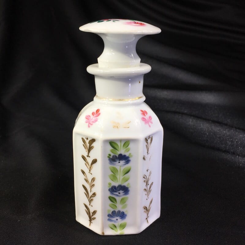 Paris porcelain scent octagonal decanter, flower dec, c. 1870 -0