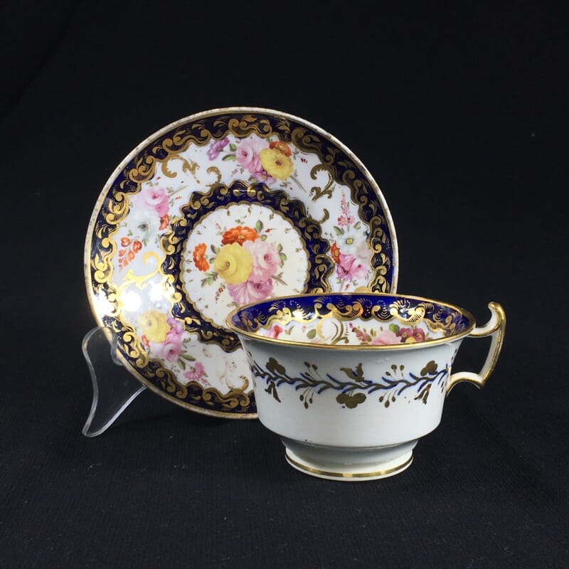 Coalport cup & saucer, London shape with rich flowers & gold, c. 1830-0