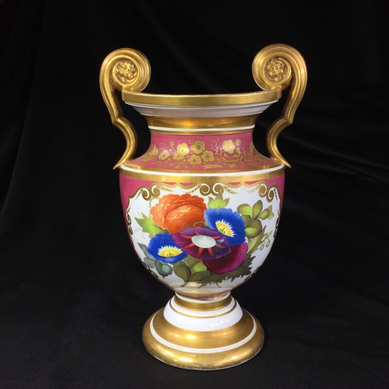 English porcelain classical vase with superb flower panels, claret ground, c. 1825-0