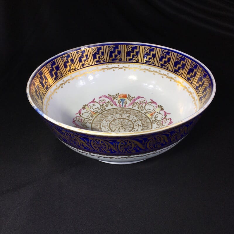 Large Miles Mason porcelain punch bowl, gilt borders on blue, c. 1805-0
