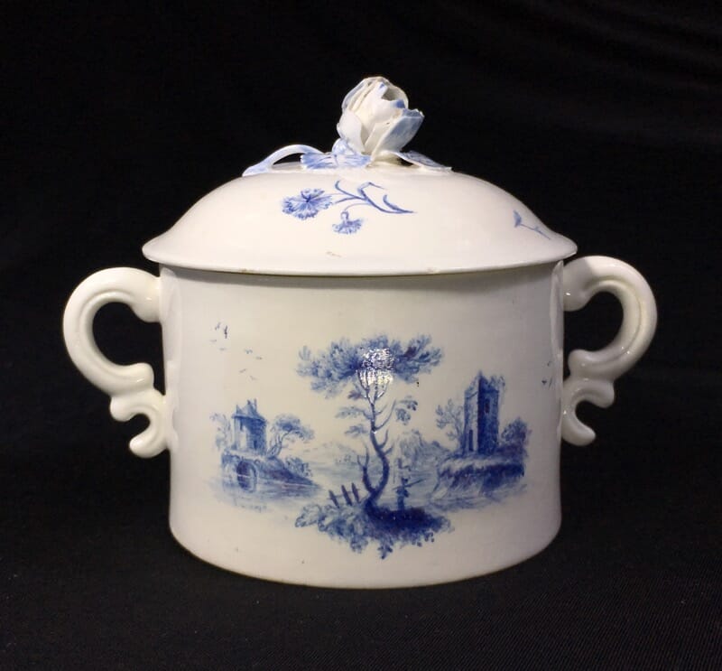 Chantilly covered pot with scenic panel in blue, twin handles, c. 1760-0