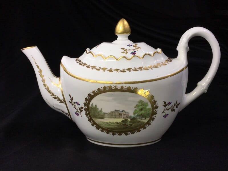 Pinxton teapot with named views, Brookhill Service type, pat. #221, c. 1798-0