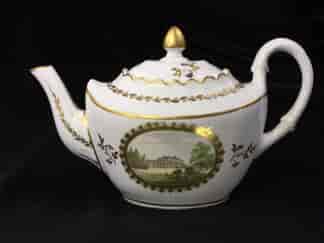 Pinxton teapot with named views, Brookhill Service type, pat. #221, c. 1798-0