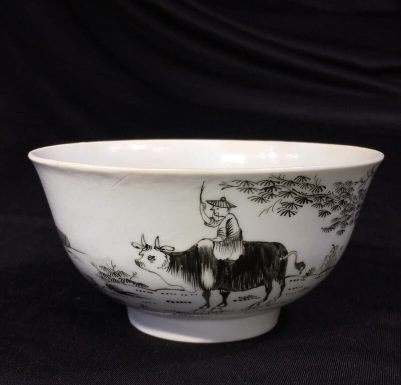 Worcester bowl with black pencilled 'boy & buffalo', c. 1760 -0