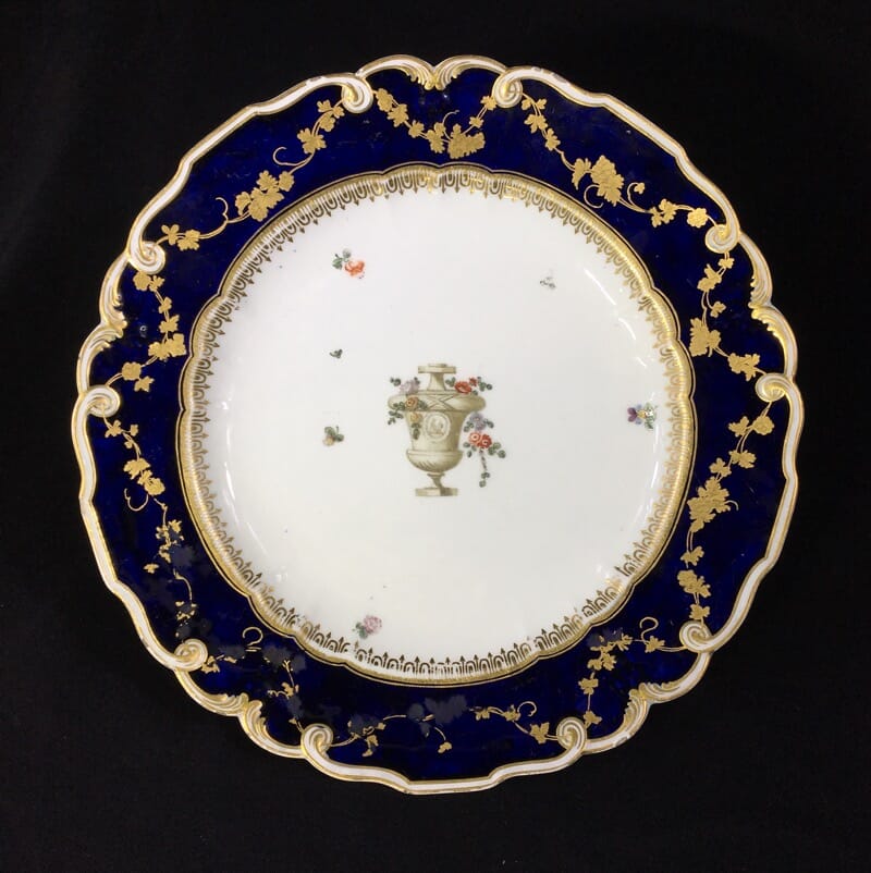 Gold Anchor Chelsea plate with urn, mazarine blue & rich gilding, c. 1765-0