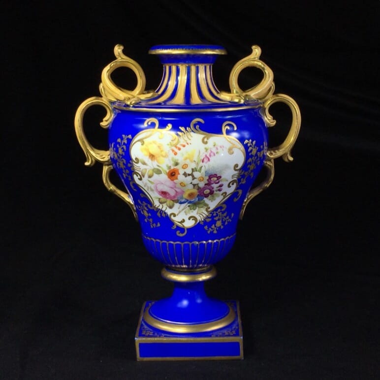 Minton porcelain vase, matt blue ground with flowers, c.1830-0