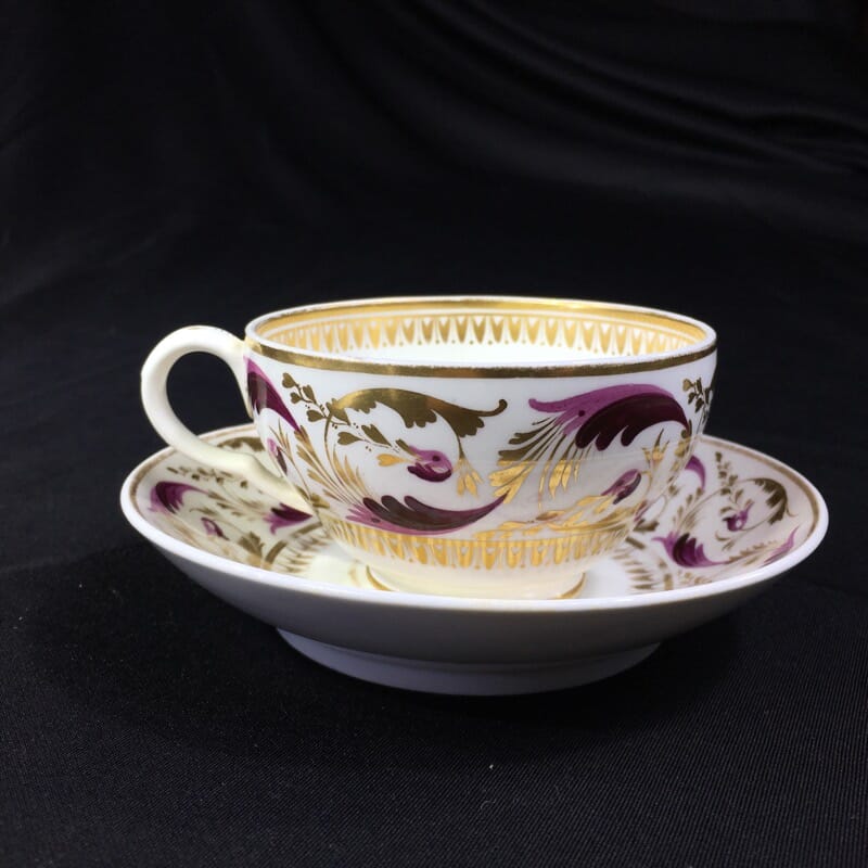 Derby teacup & saucer, purple & gilt scroll pattern no.52, c.1825-0