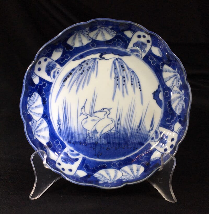 Japanese dish, herons & willow with scallop shells, 19th century -0