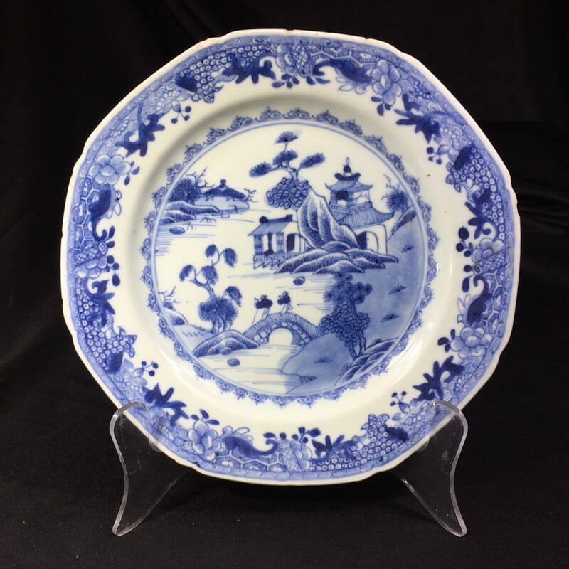 Chinese Export plate, river scene with figures on bridge, c.1770-0