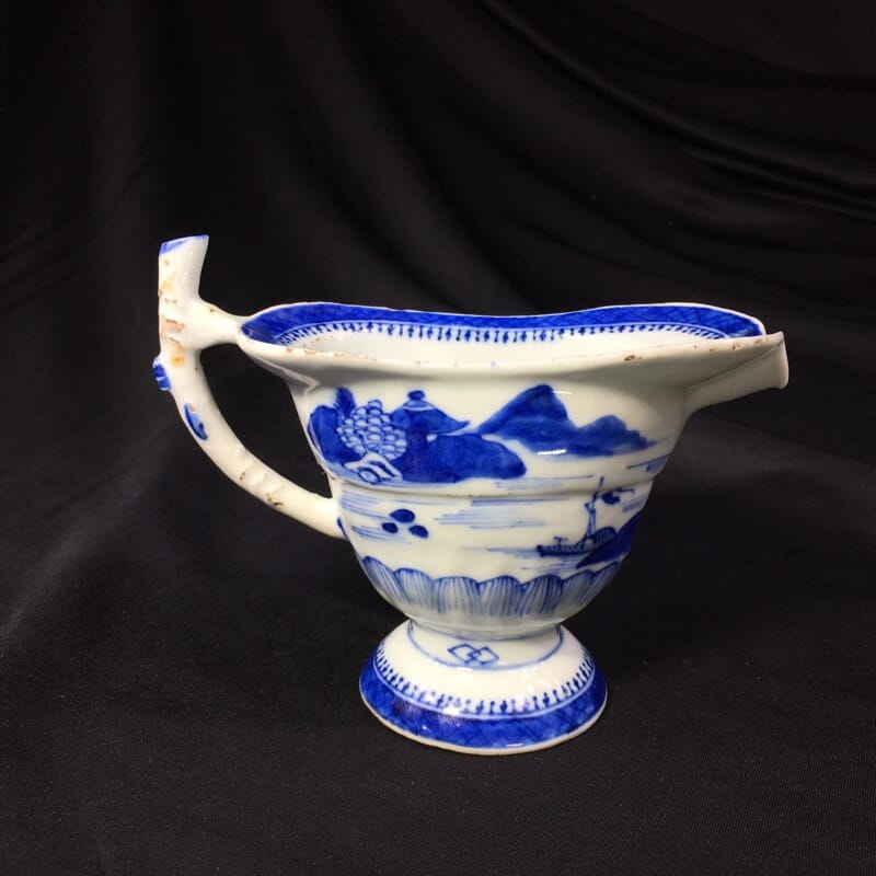 Chinese Export helmet shape jug, blue & white river landscapes, c. 1780-0