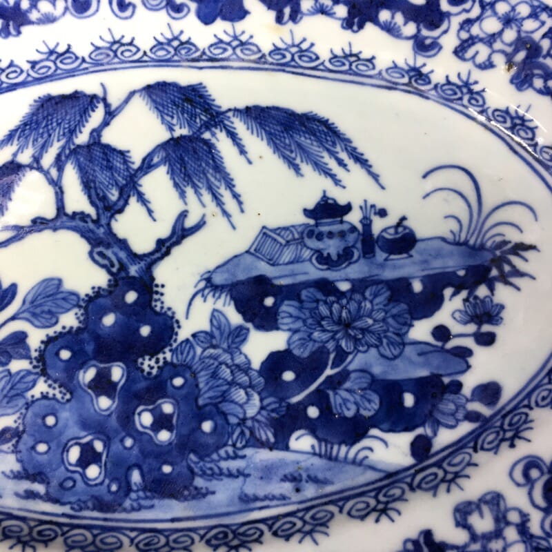 Chinese Export oval serving dish, scholars desk & willow, c. 1760-27832