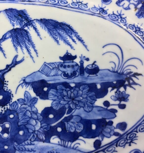 Chinese Export oval serving dish, scholars desk & willow, c. 1760-27834