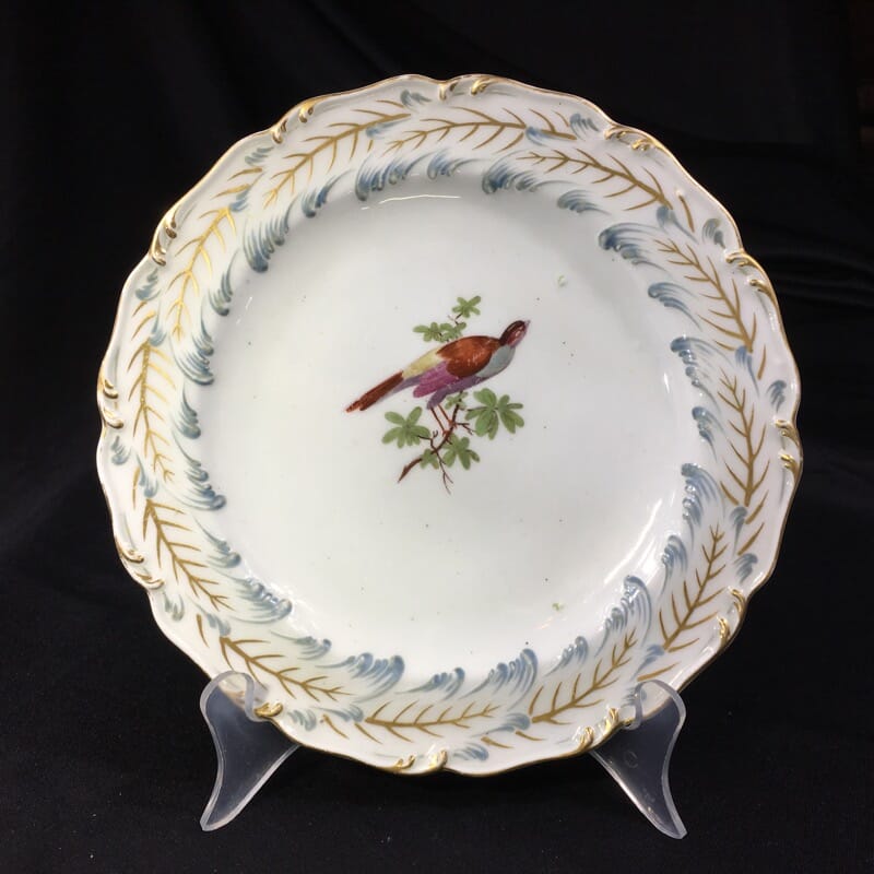 Chelsea plate, Rococo leaf moulding with birds, Gold Anchor circa 1760-0